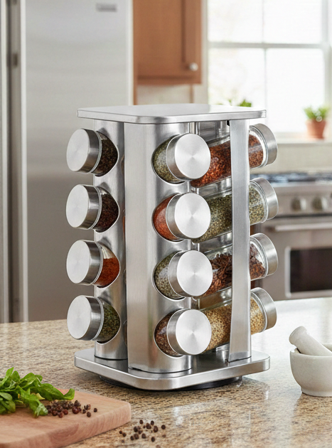 16 Pieces of SPICES ROTATING JARS _STEEL BODY GLASS BOTTLES