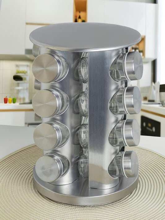 16 Pieces of SPICES ROTATING JARS _STEEL BODY GLASS BOTTLES