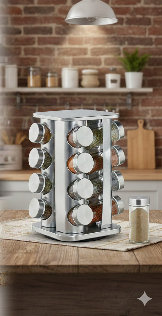 16 Pieces of SPICES ROTATING JARS _STEEL BODY  GLASS BOTTLES