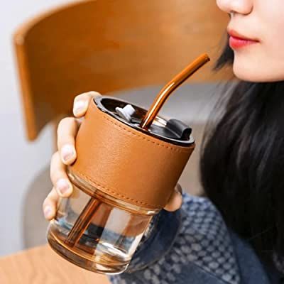 Coffee Or Tea Mug Cup With Drinking Straw Lid and PU Leather Sleeve