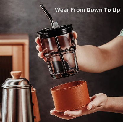 Coffee Or Tea Mug Cup With Drinking Straw Lid and PU Leather Sleeve